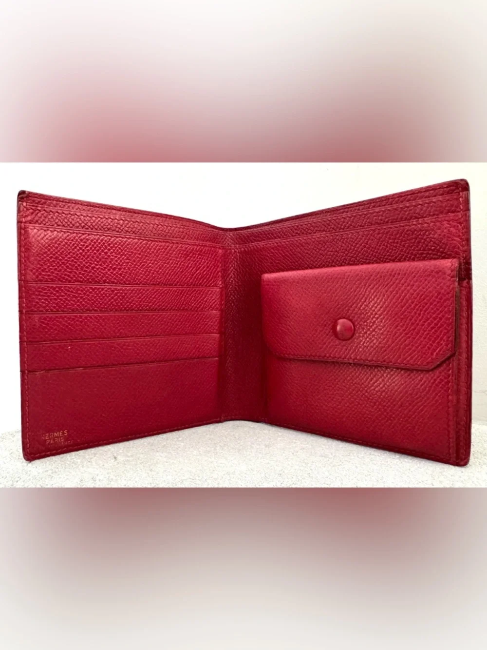 HERMES Red Epsom Bifold Wallet Coin Pocket Unisex